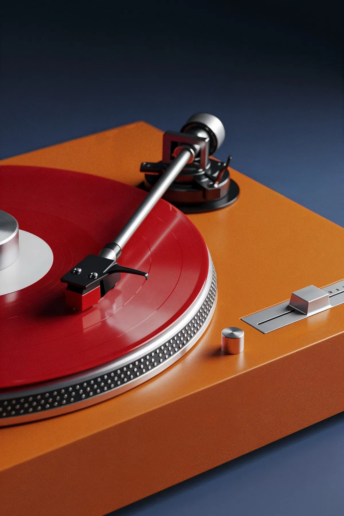 Um toca-discos laranja com um vinil vermelho girando, o braço pousado no sulco