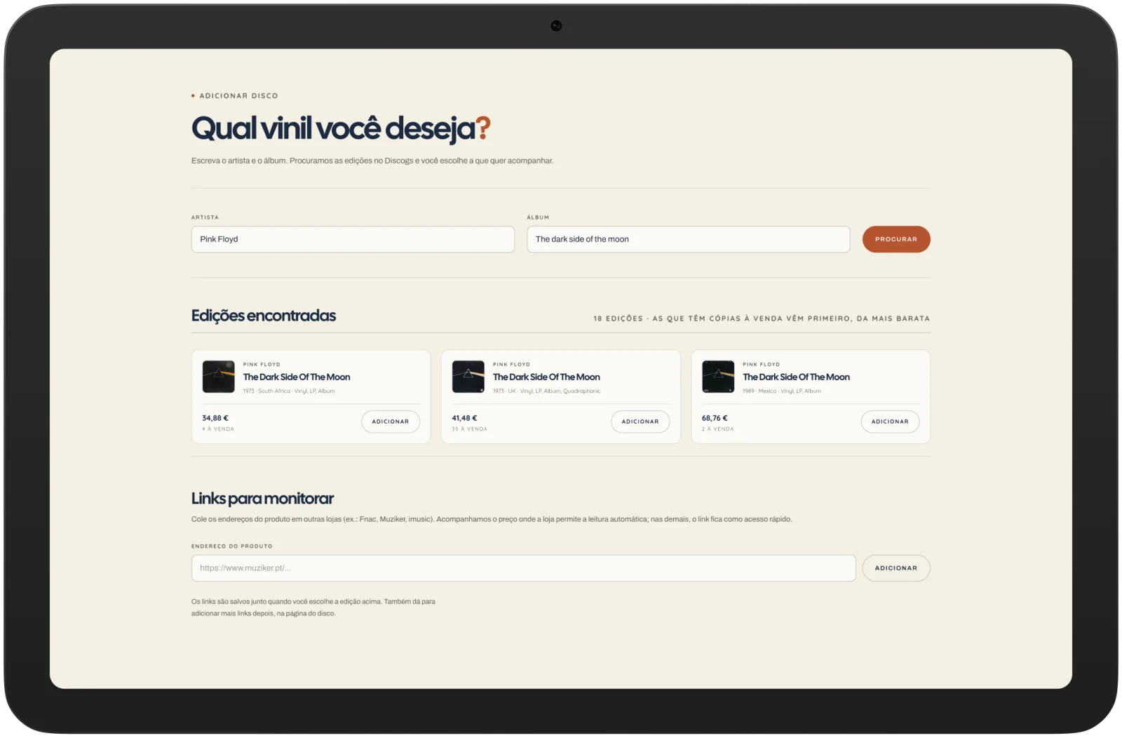 Tela de adicionar disco: busca por artista e álbum, as edições encontradas com preço e cópias à venda, e o campo para colar links de loja.